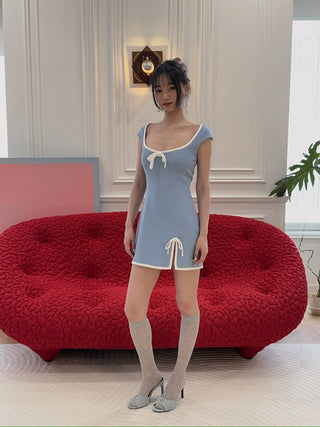 ROWEN ROSE - MINI DRESS WITH BOW DETAIL & SQUARED NECK IN SABLÉ