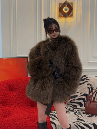 MAGDA BUTRYM - Belted Faux Fur Jacket in Brown