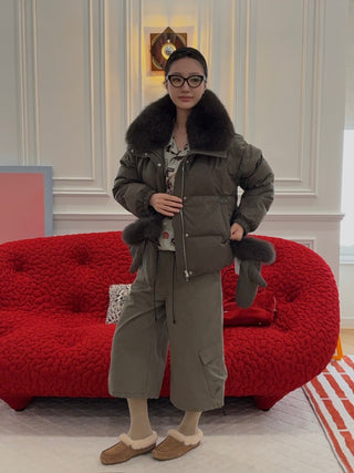YVES SALOMON - Short down jacket with detachable fox fur collar and mittens