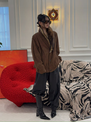MM6 Maison Margiela - Faux Fur-Collar Suede Bomber Jacket in Brown