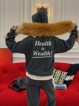 SPORTY & RICH - Health Is Wealth Soft Hoodie in Faded Black