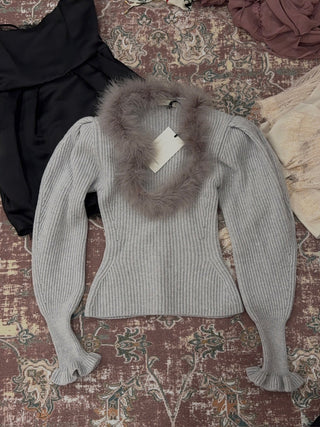 BLUMARINE - Wool Jumper With Fur-Trimmed Neckline in Ice Grey