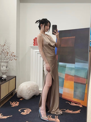 THE ANDAMANE Vera Maxi Slip Dress Greige