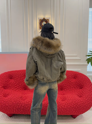 BLUMARINE - CANVAS BOMBER JACKET WITH FAUX FUR
