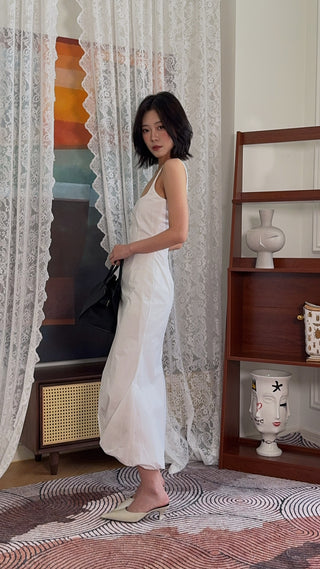 16ARLINGTON Sidd Satin Dress | Ivory White Square Neck Back Split Midi