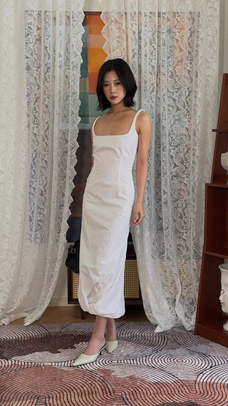 16ARLINGTON Sidd Satin Dress | Ivory White Square Neck Back Split Midi