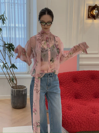 BLUMARINE - Rose Print Silk Creponne Blouse