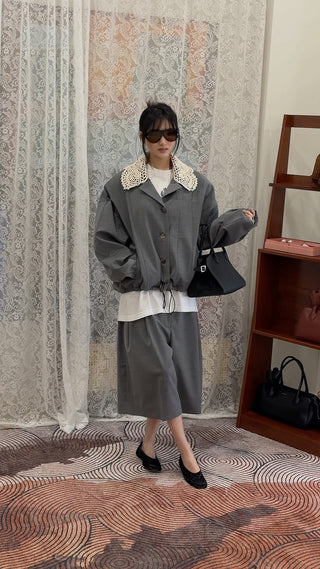 THE MANNEI - Crochet Collar Bomber Jacket in Grey