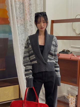 MAGDA BUTRYM - Double-Breasted Patterned Knit Cardigan With Shawl Collar in Grey