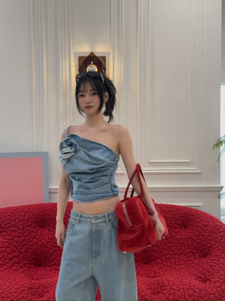 MAGDA BUTRYM - One-shoulder draped denim top in sky blue