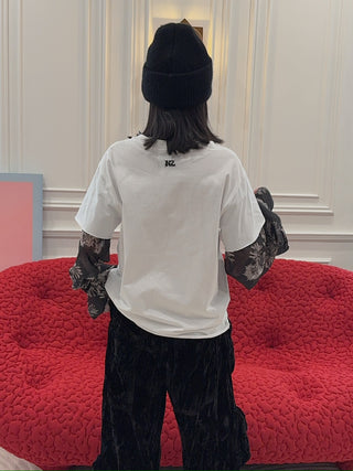 NATASHA ZINKO COMBO FLORAL PRINT TSHIRT LS PUSSY BOW BLOUSE