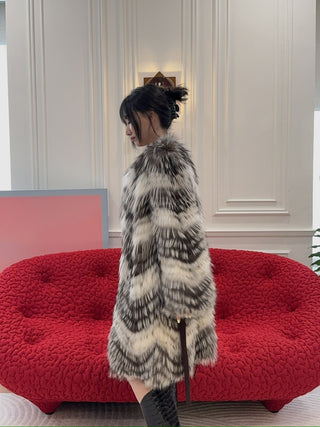YVES SALOMON - COAT FOX BANDS/MERINOS KNITWEAR / NUANCE LUNE