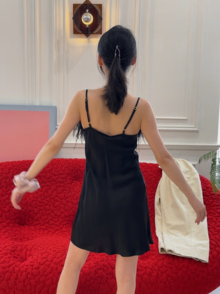 SLEEPER - BOHEME MINI DRESS WITH FEATHERS in BLACK