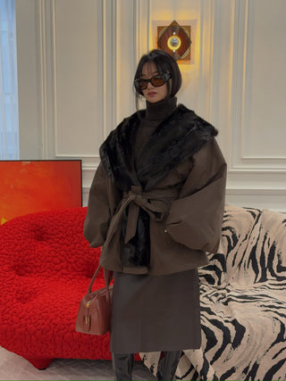 MAGDA BUTRYM - Belted Faux Fur Collar Jacket in Brown