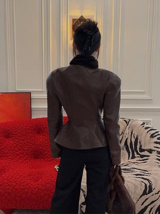MAGDA BUTRYM - Fitted Leather Peplum Jacket in Brown