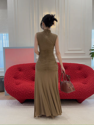 MAGDA BUTRYM - High-neck cupro midi dress in beige