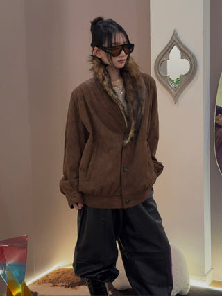 MM6 Maison Margiela - Faux Fur-Collar Suede Bomber Jacket in Brown