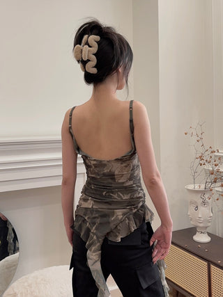 OPEN YY CAMO ASYMMETRIC FRILL TANK TOP
