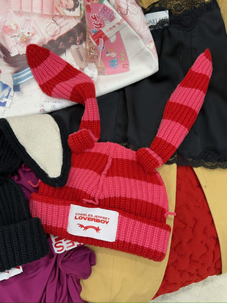 LOVERBOY - CHUNKY RABBIT BEANIE in RED PINK STRIPE