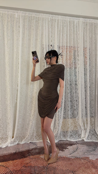 MAGDA BUTRYM - High-Neck Draped Mini Dress With Cape Detail in Brown
