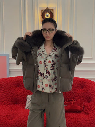 YVES SALOMON - Short down jacket with detachable fox fur collar and mittens