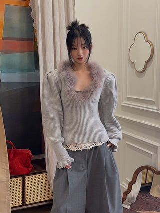 BLUMARINE - Wool Jumper With Fur-Trimmed Neckline in Ice Grey