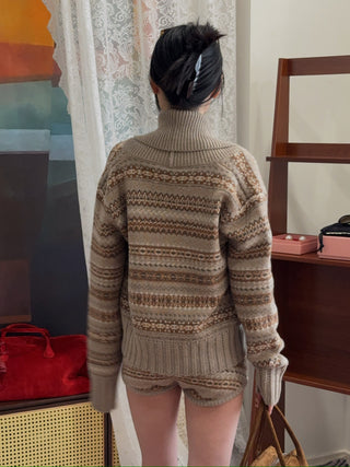 MAGDA BUTRYM - Double-Breasted Patterned Knit Cardigan With Shawl Collar in Camel
