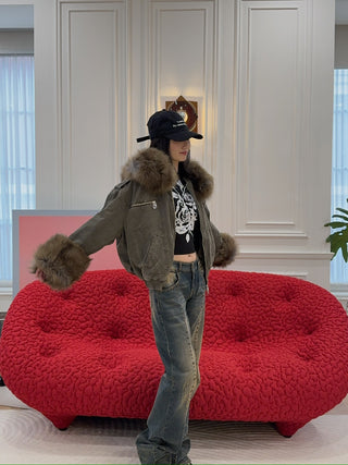 BLUMARINE - CANVAS BOMBER JACKET WITH FAUX FUR