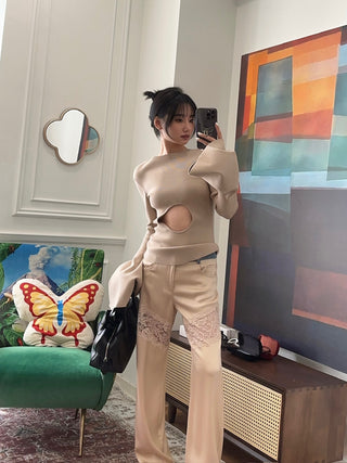 AWAKE - FLARED SLEEVE KNIT WITH CUT OUT DETAIL / BEIGE