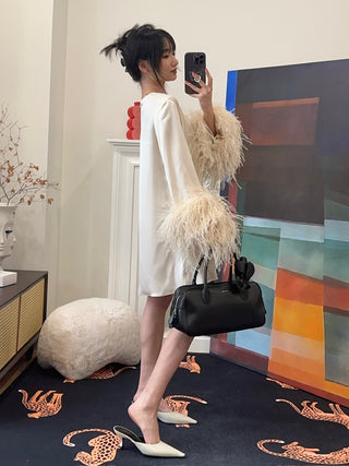 LAPOINTE - SATIN SHIFT DRESS WITH FEATHERS / CREAM