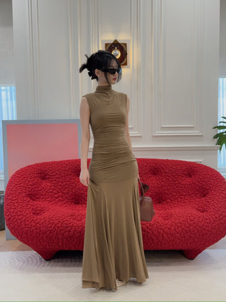 MAGDA BUTRYM - High-neck cupro midi dress in beige