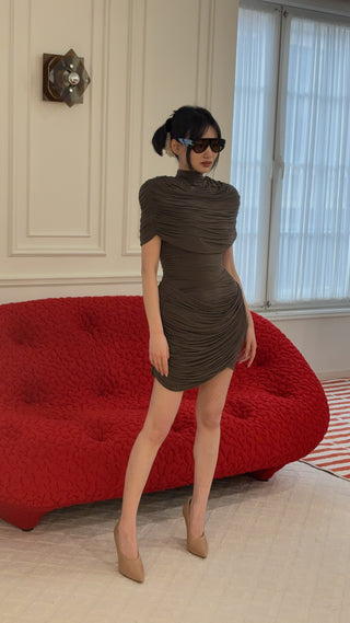 MAGDA BUTRYM - High-Neck Draped Mini Dress With Cape Detail in Brown