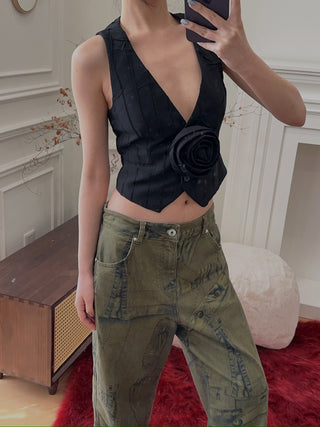 BLUMARINE Plated Fabric Vest With 3D Rose