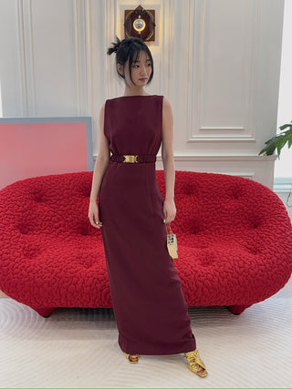 ROWEN ROSE - LONG DRESS WITH STRAIGHT NECKLINE IN SABLÉ