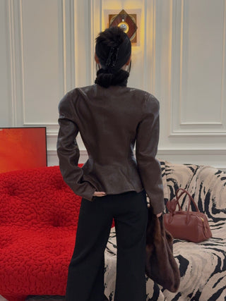 MAGDA BUTRYM - Fitted Leather Peplum Jacket in Brown