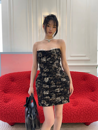 MAGDA BUTRYM - Strapless Ruched Silk Mini Dress in Black Print