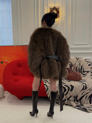 MAGDA BUTRYM - Belted Faux Fur Jacket in Brown