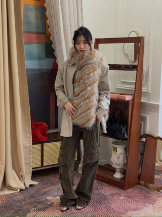 YVES SALOMON - Striped Fox Fur Scarf in Reddish Beige