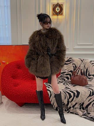MAGDA BUTRYM - Belted Faux Fur Jacket in Brown