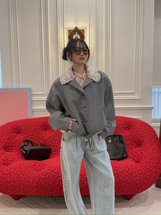 THE MANNEI - Crochet Collar Bomber Jacket in Grey