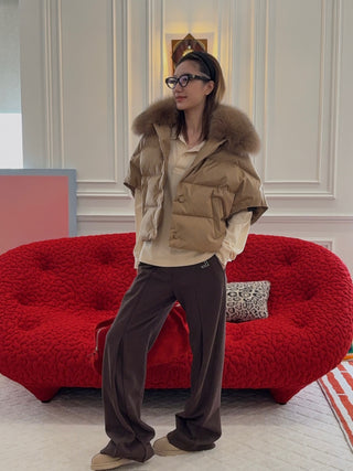 YVES SALOMON - Flannel Cape With Detachable Fox Fur Collar in Camel