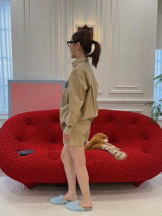 SPORTY & RICH - H&W Crest Oversized Shirt in Light Tan