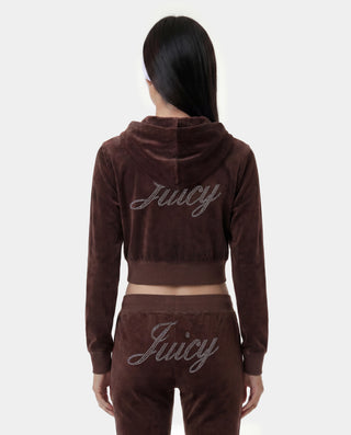 SPORTY & RICH - Juicy Script Velour Zip Hoodie in Chocolate