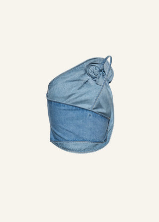 MAGDA BUTRYM - One-shoulder draped denim top in sky blue