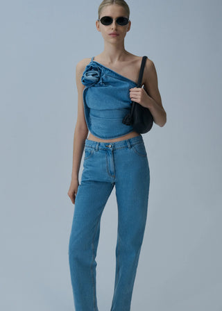 MAGDA BUTRYM - One-shoulder draped denim top in sky blue