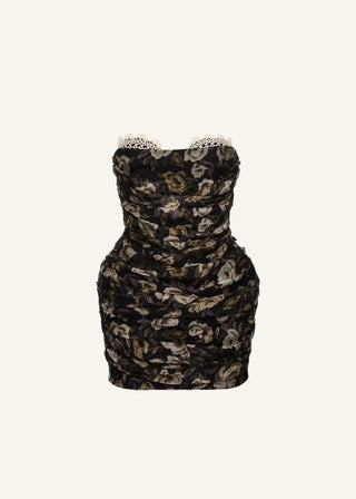 MAGDA BUTRYM - Strapless Ruched Silk Mini Dress in Black Print