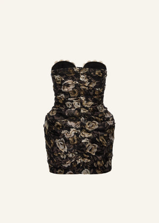 MAGDA BUTRYM - Strapless Ruched Silk Mini Dress in Black Print
