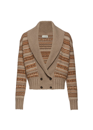 MAGDA BUTRYM - Double-Breasted Patterned Knit Cardigan With Shawl Collar in Camel
