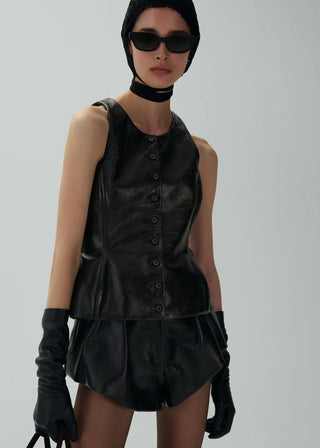 MAGDA BUTRYM -  Round neck leather waistcoat in black vintage