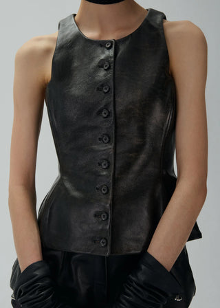 MAGDA BUTRYM -  Round neck leather waistcoat in black vintage